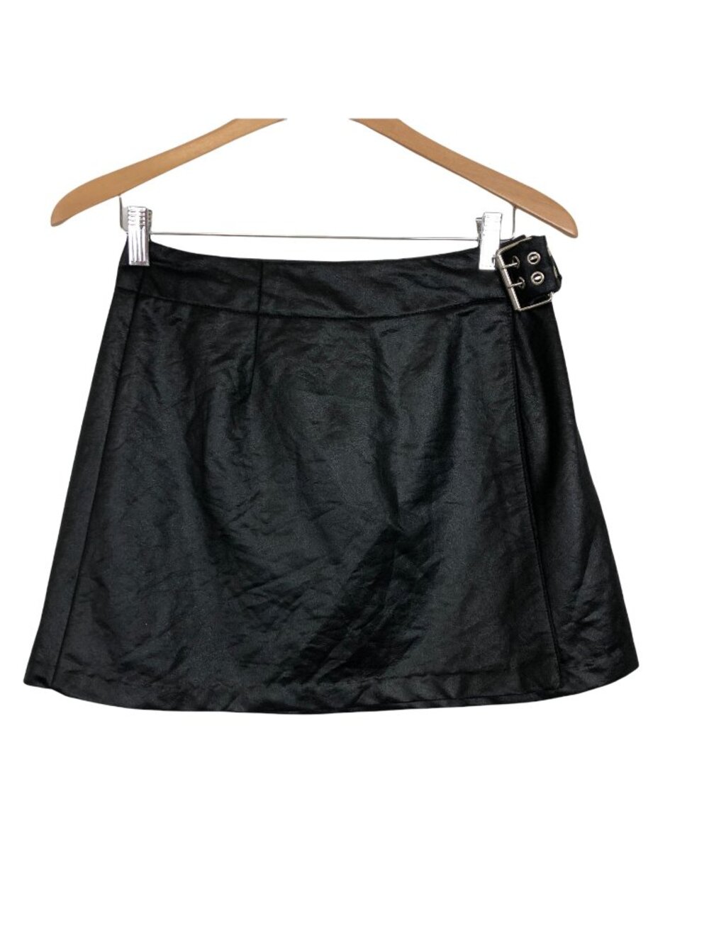 Vtg Y2K Mini Vegan Leather Wrap Skirt 11 Jrs Vegan Big Buckle Black Rocker USA